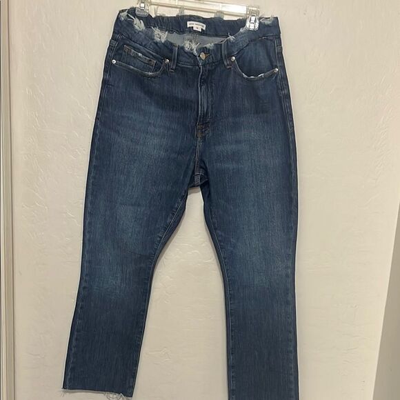 Good American Distressed Blue Cropped Denim Raw Hem Jeans Modern Boho - Picture 1 of 12